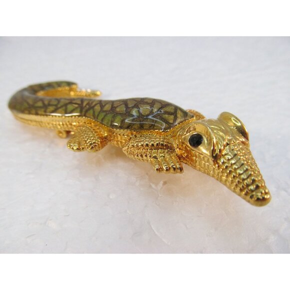 Gold Toned Alligator Brooch with Green Enamel Detailing - Picture 6 of 11